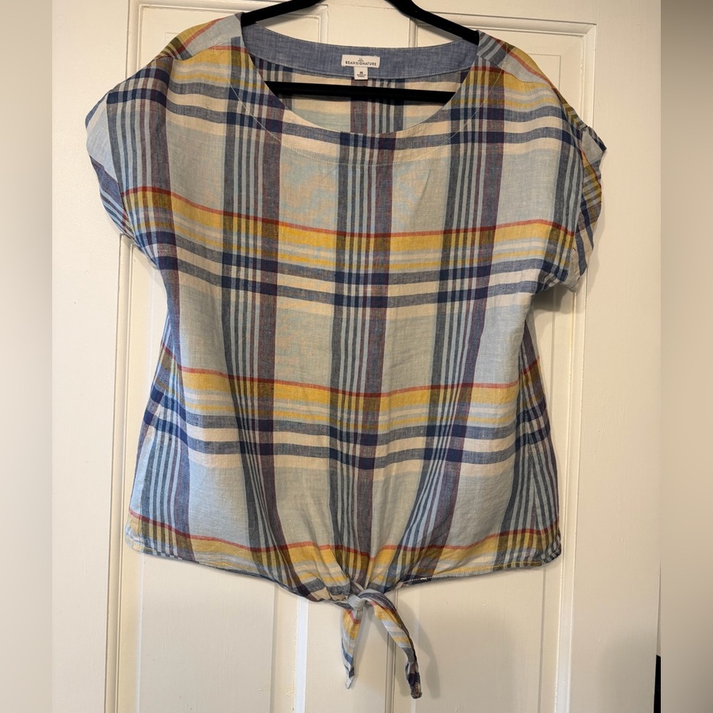 L.L. Bean Light Blue Madras Plaid Tie-Front Blouse